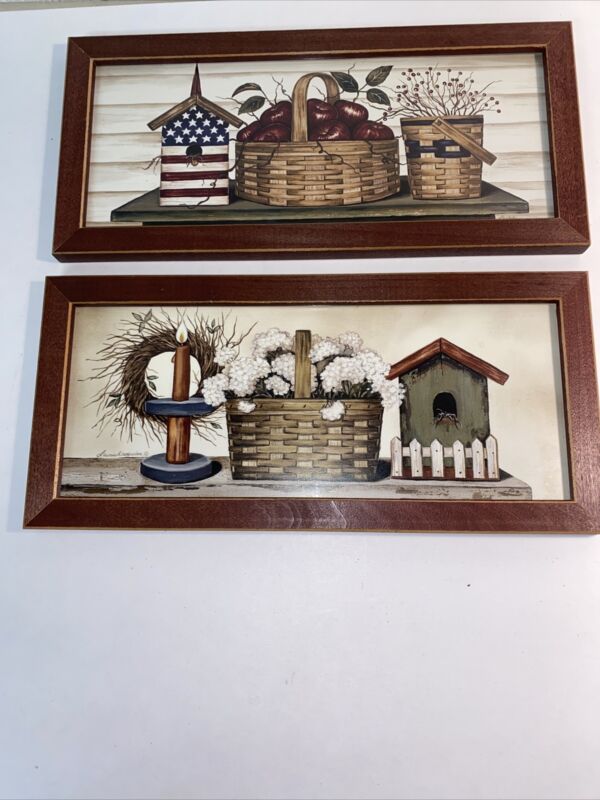 Vtg Pair Art Prints Rustic By Laurie Korsgaden Pictures Framed  13 “ By 6.25”