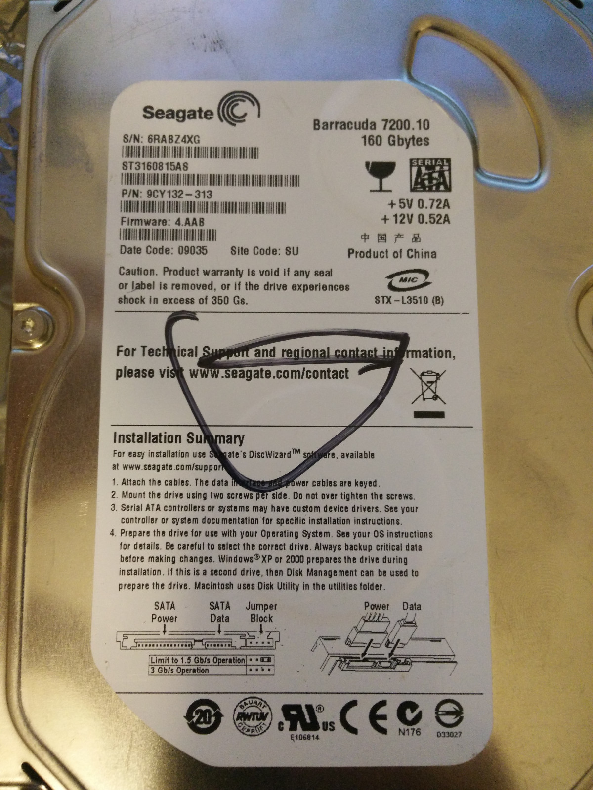 Seagate Barracuda ST3160815AS 7200.10 4.AAB NHAWK2HD S-LE .0DT 100470387 REV B