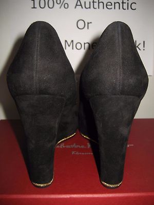 Pre-owned Ferragamo $695 Salvatore  Fiamma Black Suede Wedge Heels Shoes Us 7.5-10.5 Bx