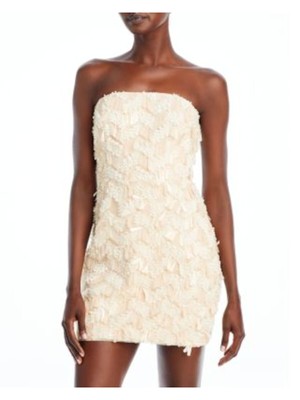BCBG MAXAZRIA Женское бежевое мини-платье с пайетками на подкладке и сеткой сзади без рукавов 0