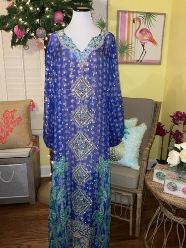 Pre-owned Lilly Pulitzer Jupiter Silk Maxi Caftan Blue Fan Favorite $548 S/m, L/xl In Multicolor