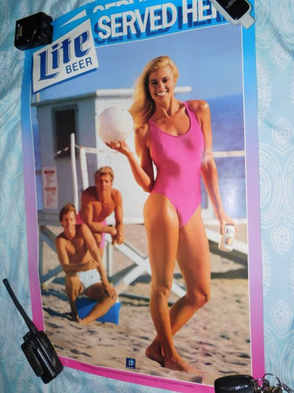 Vintage 80s Miller Lite Beer Poster Pro Beach Volleyball 20x30