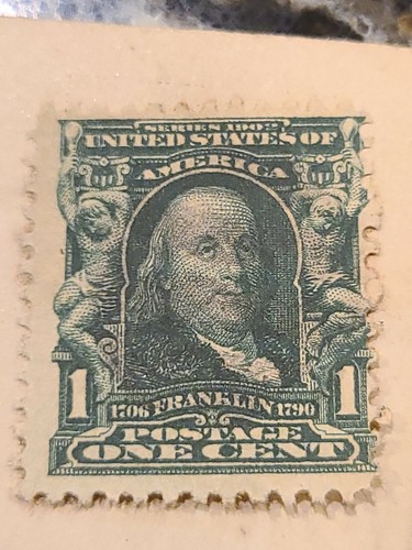 BENJAMIN FRANKLIN 1 Cent Stamp on *RARE* Postcard 1908 Post