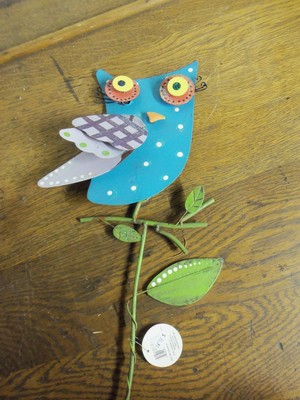 Owl Metal Garden Stake teal with purple wings NEW whimsical garden decor