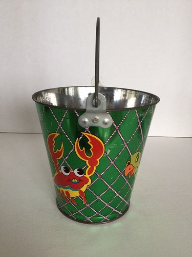 Vintage Ohio Art Co. Tin Litho Large Sand Pail, Green With Fish, Crab & Turtle