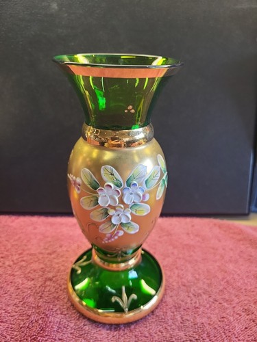 Czech Bohemian Italian Murano Green Vase 24K Gold Flowers