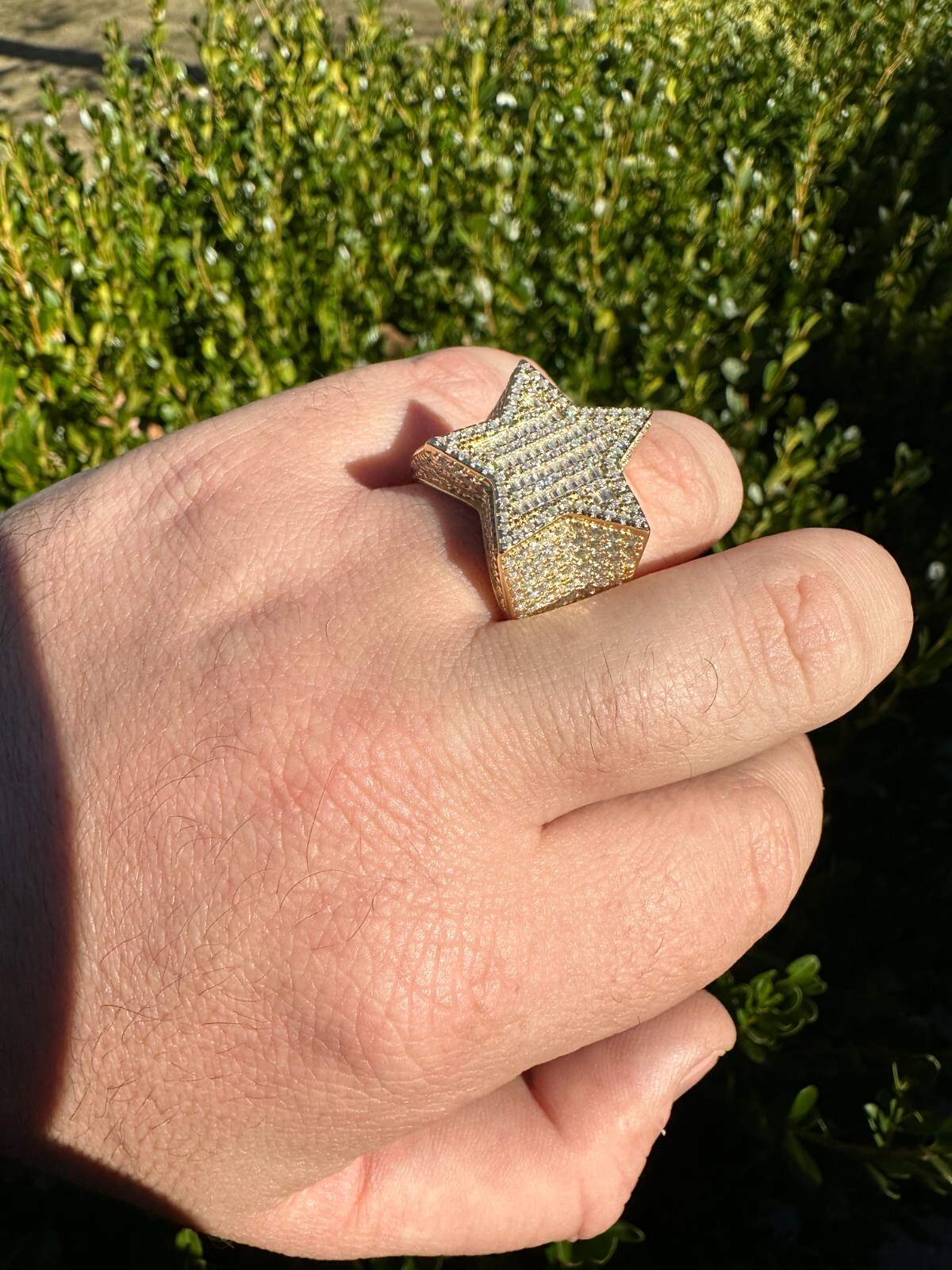 Pre-owned Silver 4.65ct Moissanite 14k Gold Plated 925  Iced Baguette Star Ring Pass Tester