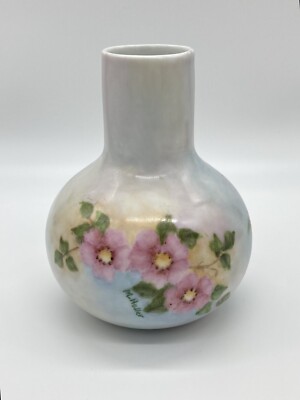 Vintage Hand Painted Signed Porcelain Vase M. Heller Pink Roses Cottagecore