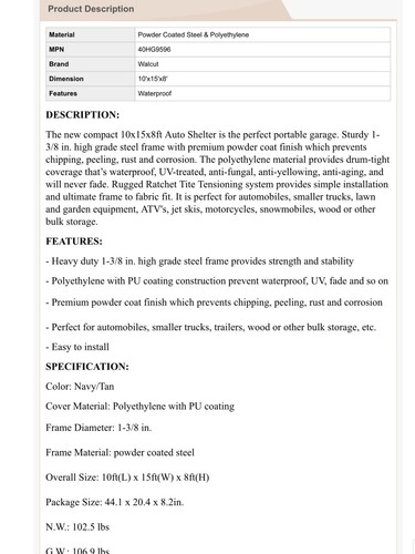 NEW 10’ x 15’ x 8’ AUTO SHELTER CANOPY CARPORT