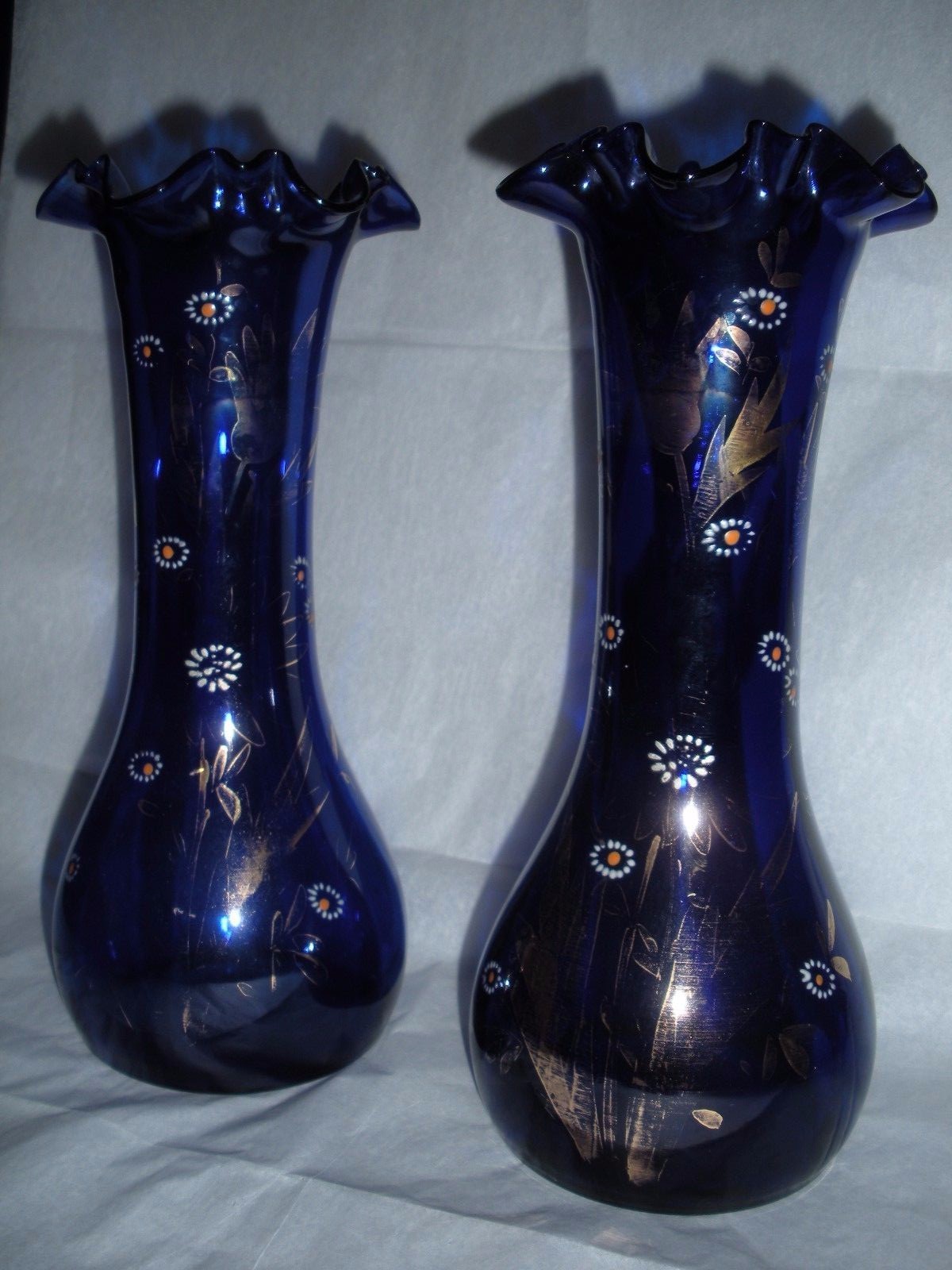 Pair Antique Cobalt Blue Hand Blown Fluted Glass Vases 9 1/2