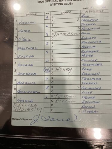 2000 New York Yankees lineup card Jeter Rivera and Torre