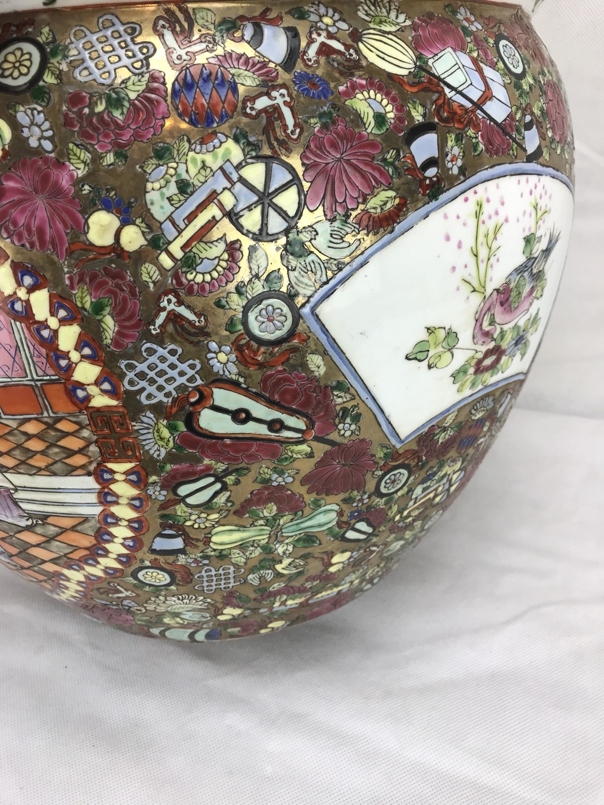 Antique Large Chinese Oriental Asian Pottery Porcelain Fish Bowl Planter Stamped