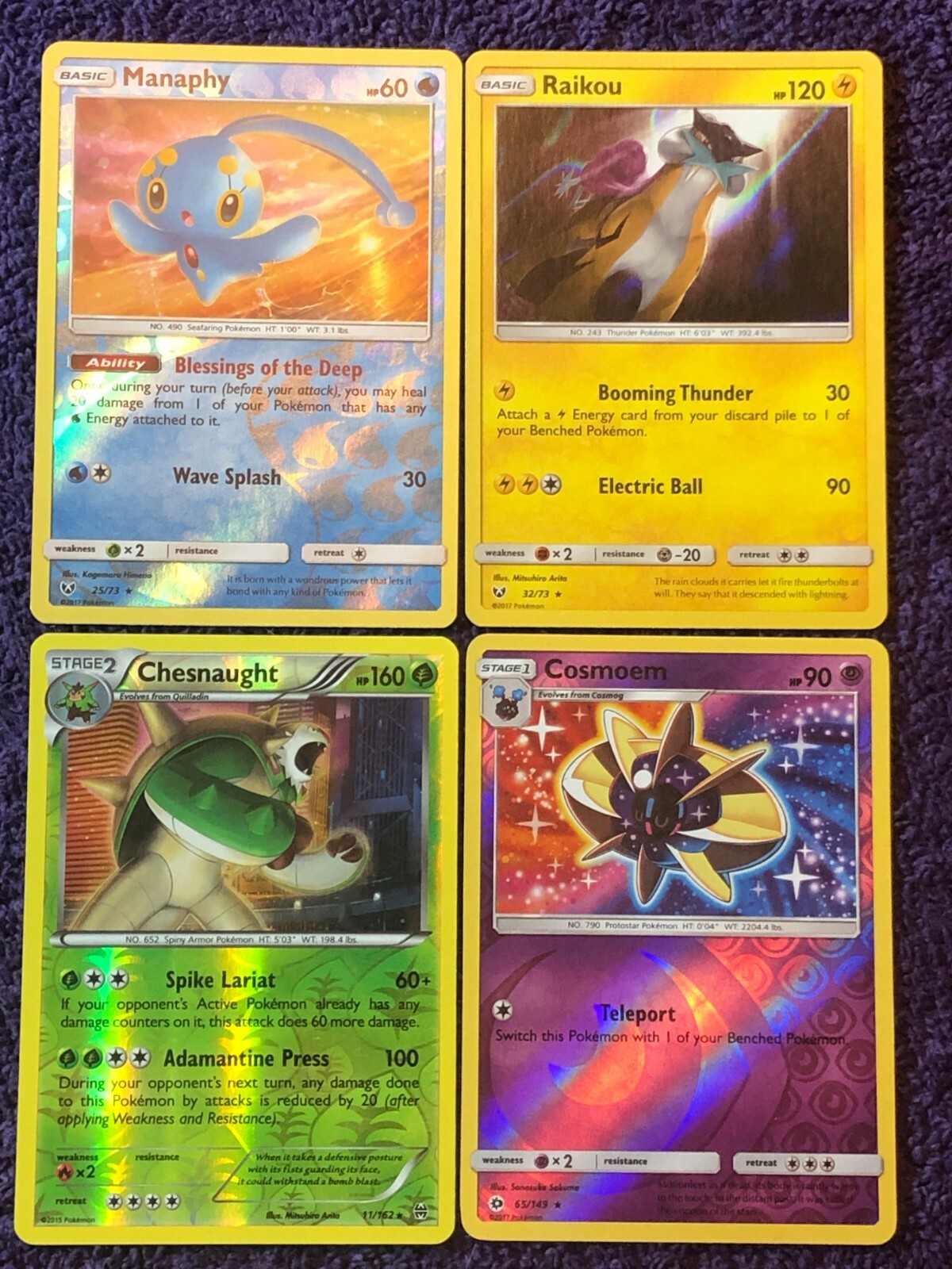 POKEMON 4 RARE HOLO CHESNAUGHT 11/162 COSMOEM 65/149 RAIKOU
