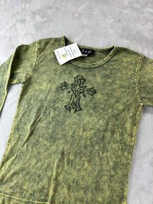 A&G Amal Guessous Embroidered Cross Long Sleeve Shirt Green Size M Y2K Grunge