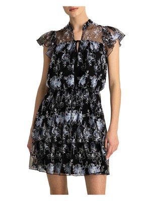 

ML MONIQUE LHUILLIER Женское черное платье с короткими рукавами и развевающимися рукавами + расклешенное платье, Черный