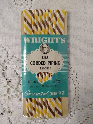 Vintage Wright's Bias Corded Piping Striped Sewing Trim 3 Yds Yellow Brown White