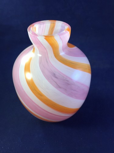 Art Glass Vase -hand blown- Pink/White/Orange Swirl Pattern.  4 1/4 