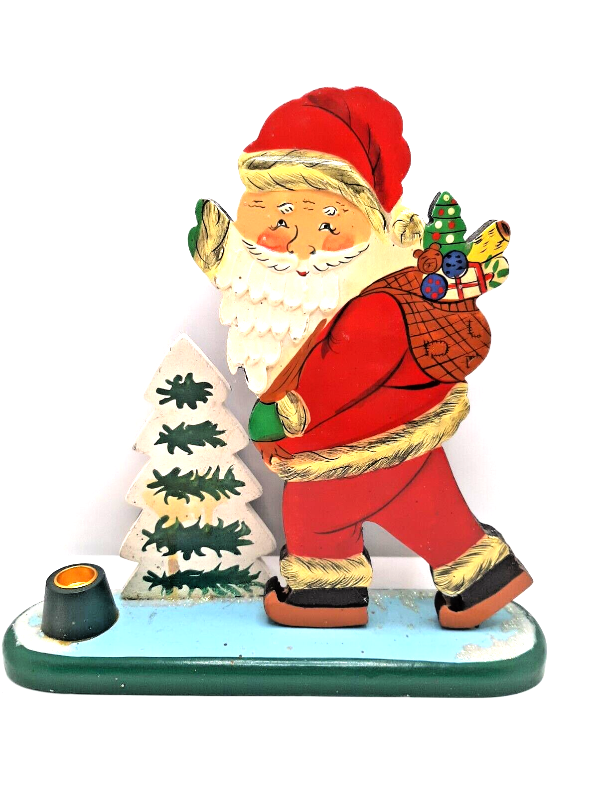 Santa Claus Candle Holder Wood Painted USSR Belarus 80s Vintage Rarity