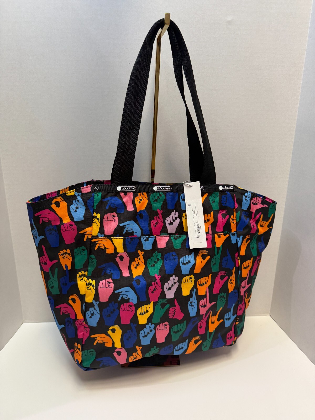 LESPORTSAC Janis Top Zip Tote Sign Language Print NWT Rare