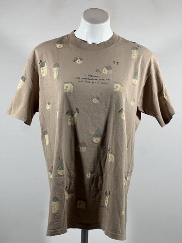 Bird House For Rent Womens Graphic Tee Large Brown Indie Boho Streetwear