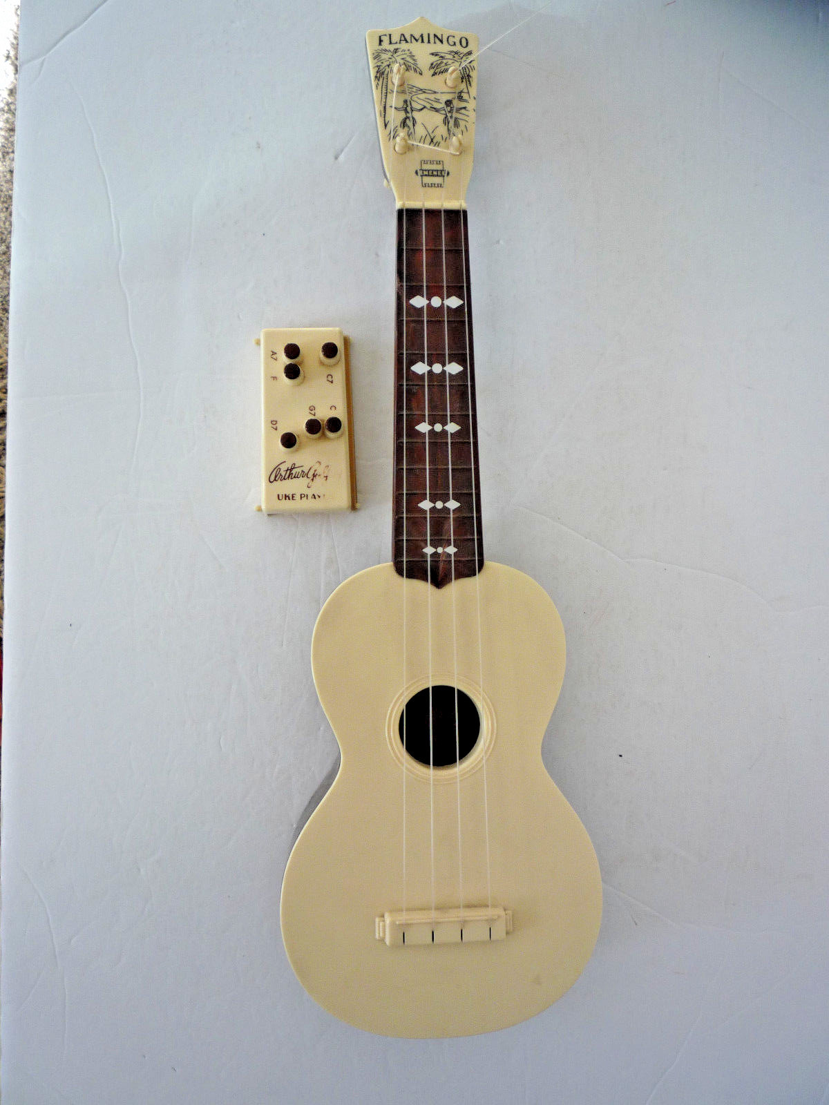 Vintage FLAMINGO UKULELE by EMENEE with Arthur Godfrey Uke Player, Plastic,1950s