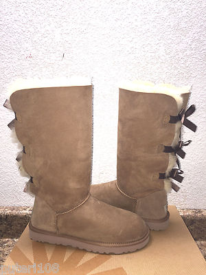 Pre-owned Ugg Bailey Bow Triplet Tall Chestnut Women Usa 9 / Eu 40 / Uk 7.5 - In Brown