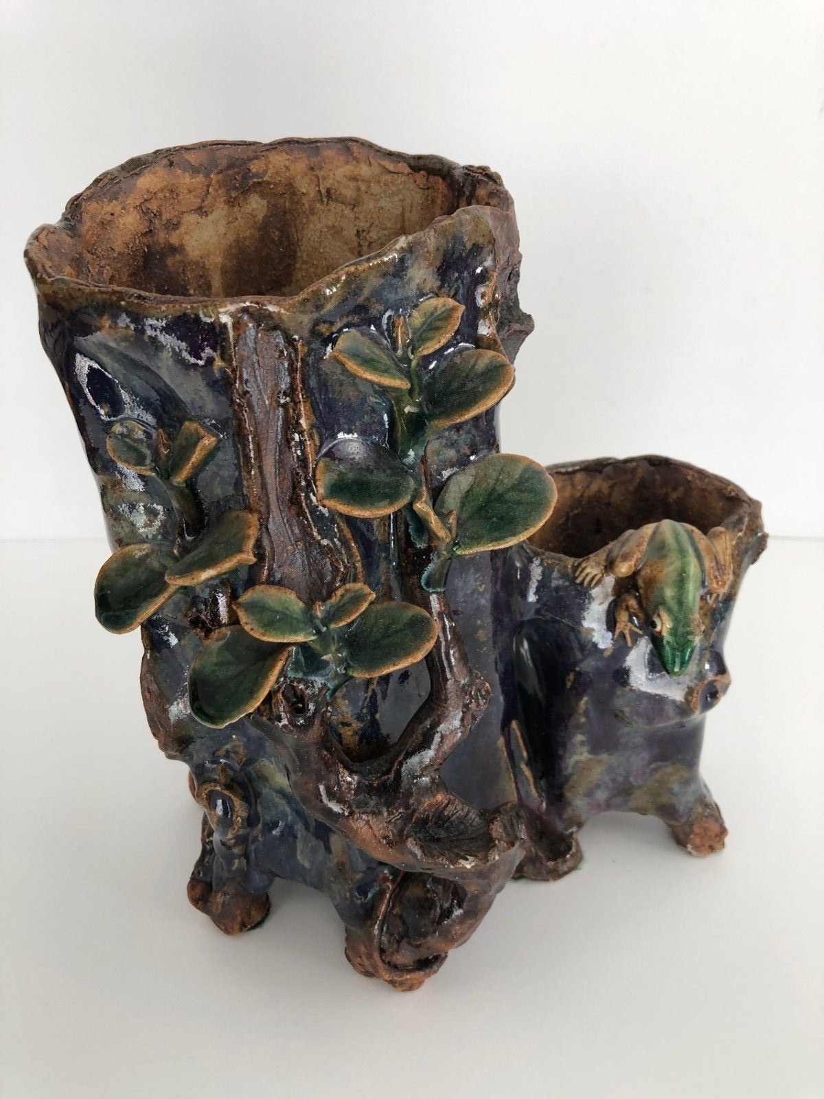 Vintage Chinese Double Yixing ShuChuang clay Twin Tree Form Vase 9