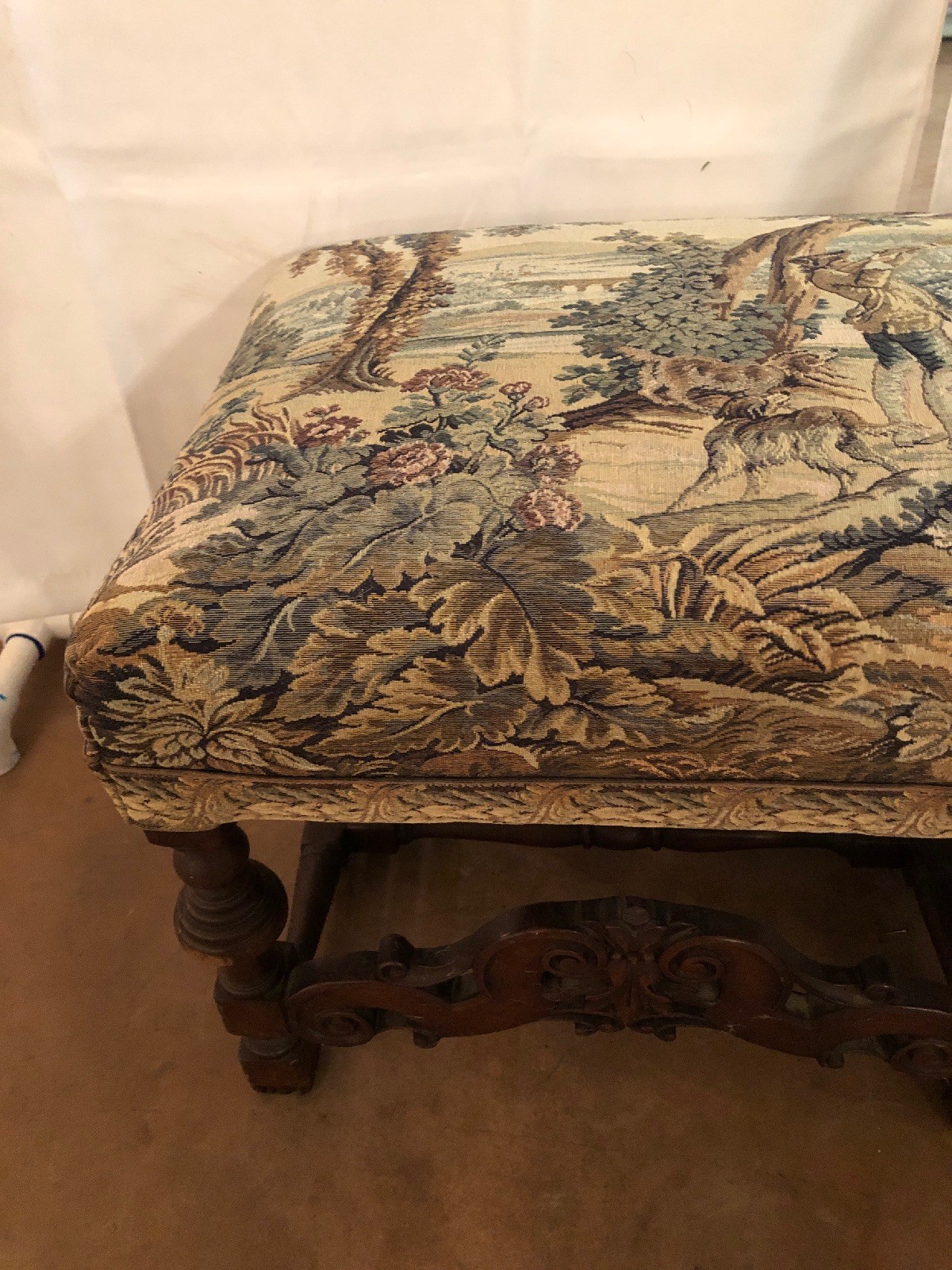 Antique French Hand Carved Bench With Antique Tapestry
