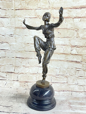 Signed Art Deco Laurel Belly Dancer Bronze Marble Base Sculpture Statue Figurine