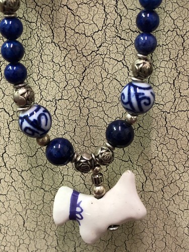 Vintage Ceramic Bead Necklace Scottish Terrier Dog Scotty Blue And White