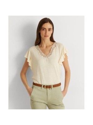 

LAUREN RALPH LAUREN Женский кружевной топ цвета слоновой кости с развевающимися рукавами и V-образным вырезом, Цвет слоновой кости