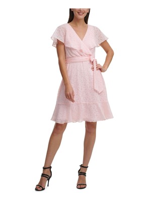 DKNY Womens Pink Belted Flutter Sleeve Above The Knee Party Faux Wrap Dress 12
