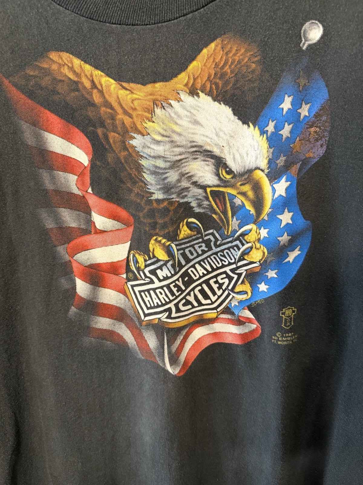 Vintage Harley Davidson Shirt Men's Sz XL Black 80s 3D Emblem Eagle 1987 Flag