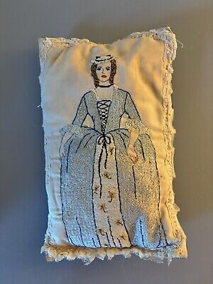 Antique Boudoir Blue Rectangle Pillow Embroidery Lady