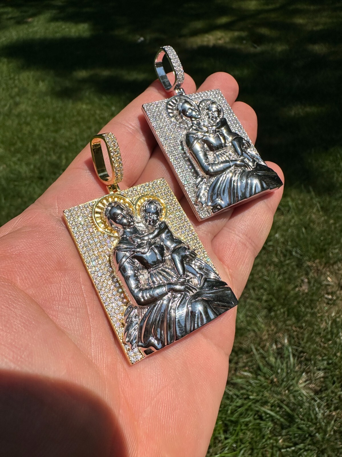 Pre-owned Harlembling Moissanite Virgin Mary Pendant Real 925 Silver Necklace Large 2.5" Ice Out Piece In White