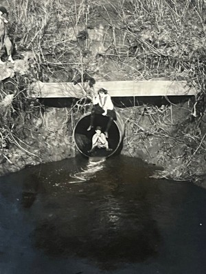 Young Ladies Goofing Around in Storm Drain Swimming Hole Pond Antique Photograph