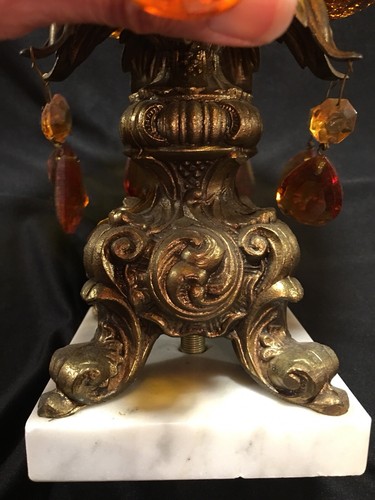 Vintage Amber Footed Candy Dish Compote With Lid Brass Marble Base Glass Prisms