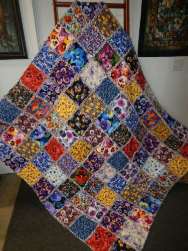 Pansy Perfection XL Rag Quilt Throw Beautiful Selection of Pansies Cotton NEW HM