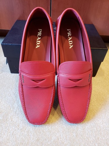 Pre-owned Prada 100% Authentic  Saffiano Leather Driving Moccasins Shoes Size 11 (12 Us) In Red