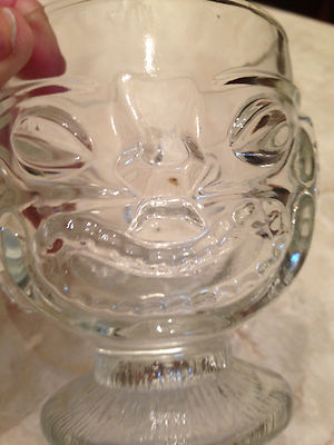 Vtg Hawaiian Happy Sad Face Heavy Glass Tiki Footed Mug Figural Bowl Mai Tai Bar