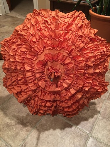 1930’s Beautiful Orange Pagoda Ruffled Parasol Umbrella Bakelite Handle RARE!