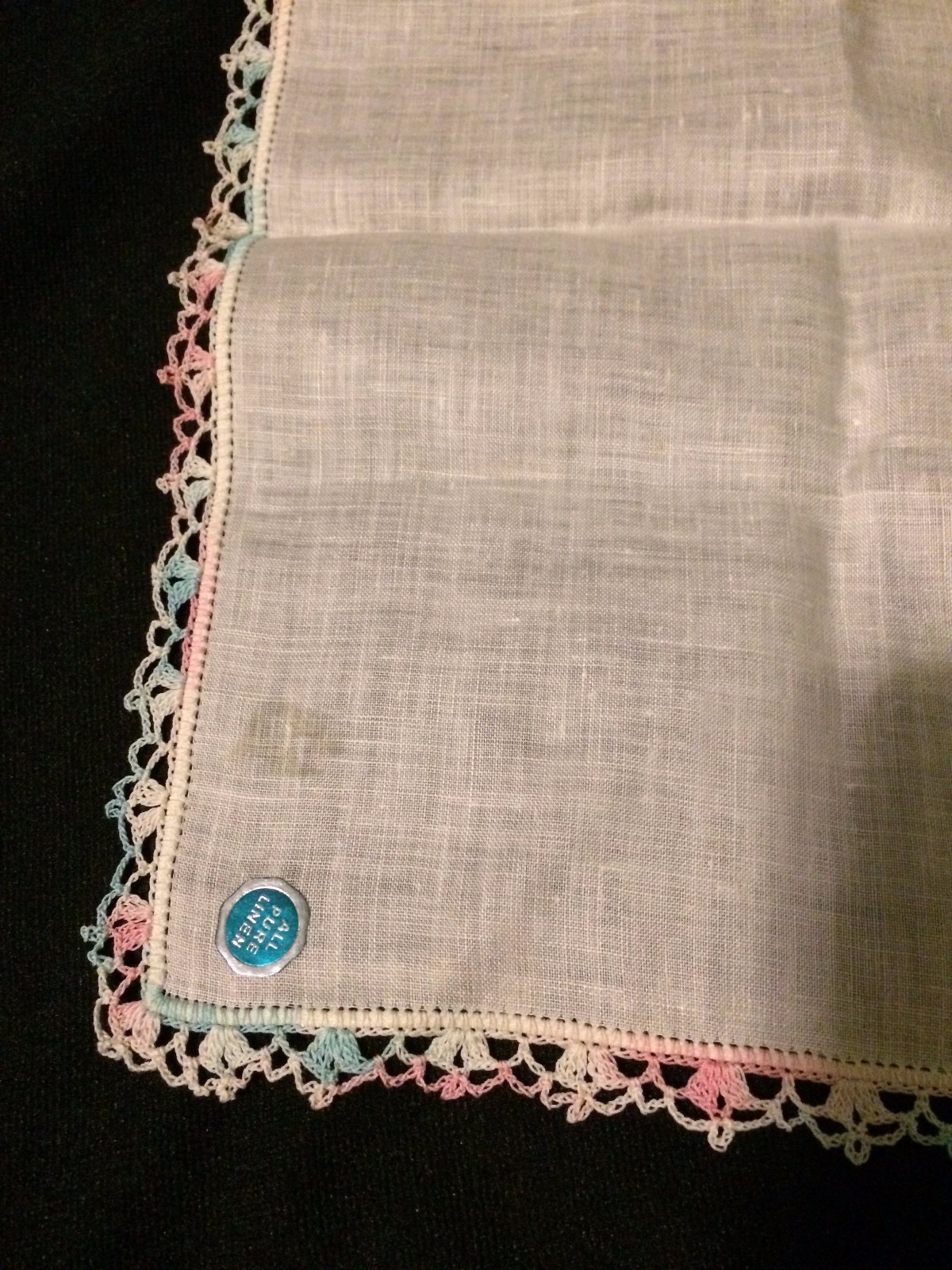 Vtg Fancy Lace Corner Crocheted Southern Belle Pink Blue Handkerchief Unused