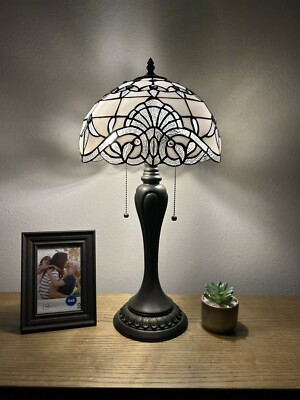 Tiffany Style Table Lamp White Stained Glass Baroque Style LED Bulb Include H22''