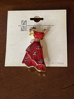 Christina Collection Red Dress Brooch New Red Stones Gold Tone Trim
