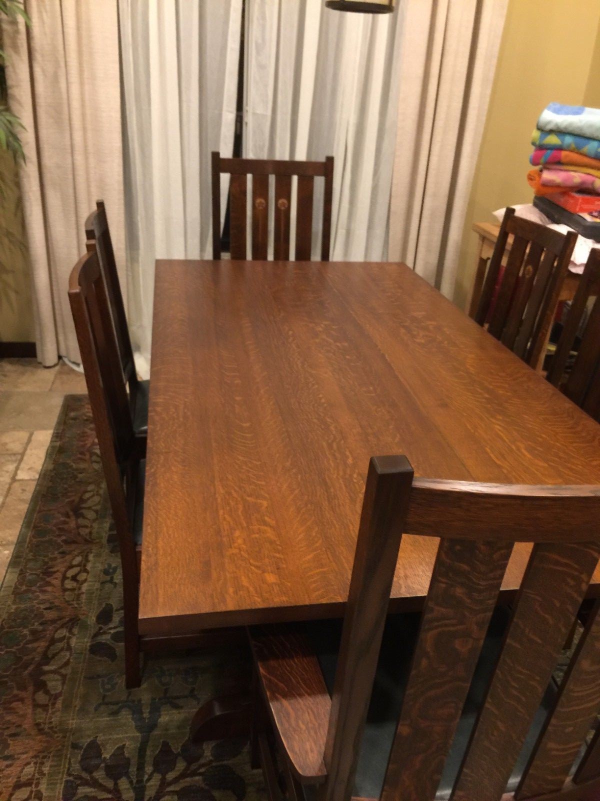 WARREN HILE Signed Arts & Crafts Trestle Table HS0211L 6 Chairs with Inlays