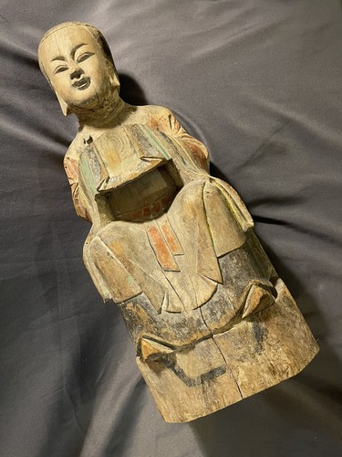 LARGE Antique Carved Wood & Gesso Polychrome Buddha Statue