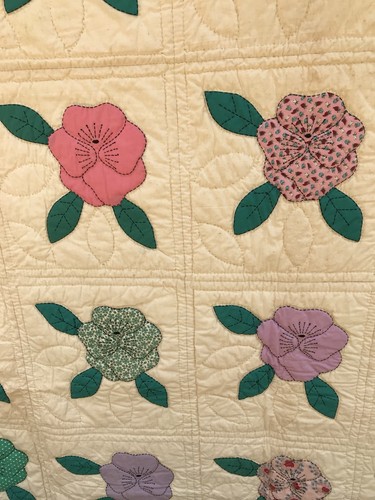 Vintage Quilt Field of Flowers applique embroidery antique rabbits