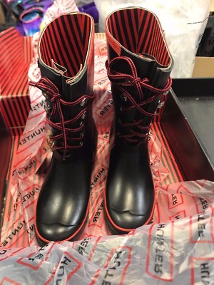 Pre-owned Hunter Wellie  Rain Boot Festival Lace Black Red 6 M 7 F 38 Eu Wellington Tie