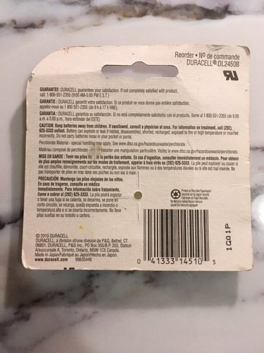 DURACELL SECURITY DL2450 3V Lithium Coin Cell Battery New Sealed Dated 03/2020