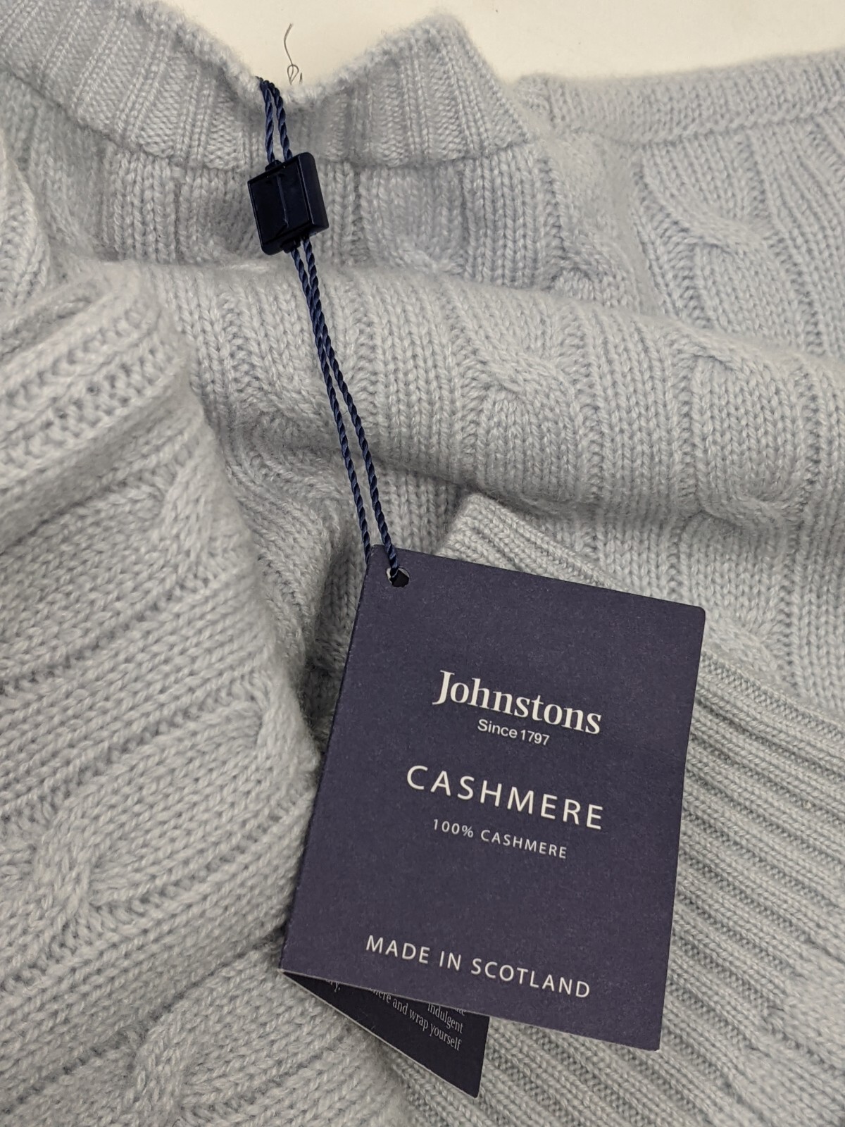 Pre-owned Johnstons Of Scotland 2 Ply Cable Rib Cashmere Sweater Men L $575.00 Orig. In Pale Pale Blue